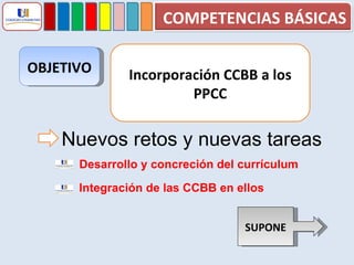 OBJETIVO Incorporación CCBB a los PPCC Nuevos retos y nuevas tareas Desarrollo y concreción del currículum Integración de las CCBB en ellos SUPONE COMPETENCIAS BÁSICAS 