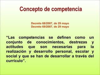 Concepto de competencia Decreto 68/2007, de 29 mayo Decreto 69/2007, de 29 mayo “ Las competencias se definen como un conj...