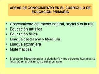 ÁREAS DE CONOCIMIENTO EN EL CURRÍCULO DE
               EDUCACIÓN PRIMARIA


•   Conocimiento del medio natural, social y cultural
•   Educación artística
•   Educación física
•   Lengua castellana y literatura
•   Lengua extranjera
•   Matemáticas

• El área de Educación para la ciudadanía y los derechos humanos se
  impartirá en el primer curso del tercer ciclo.
 
