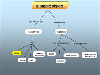 El MEDIO FÍSICO



            está formado por           modelado por




            ELEMENTOS                    FACTORES




             son                   son principalmente        pueden provocar




AGUA                ESPACIO    CLIMA                                   CATÁSTROFES
                   EXTERIOR                           HIDROGRAFÍA
                                                                        NATURALES

   TIERRA   AIRE                          RELIEVE
 