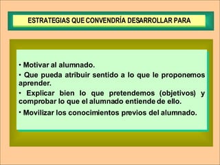 Motivar al alumnado. Que pueda atribuir sentido a lo que le proponemos aprender. Explicar bien lo que pretendemos (objetivos) y comprobar lo que el alumnado entiende de ello. Movilizar los conocimientos previos del alumnado.   ESTRATEGIAS QUE CONVENDRÍA DESARROLLAR PARA 