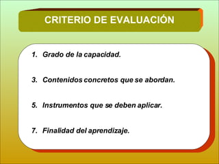 Grado de la capacidad. Contenidos concretos que se abordan. Instrumentos que se deben aplicar. Finalidad del aprendizaje. CRITERIO DE EVALUACIÓN 