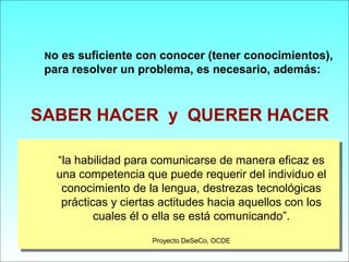    No es suficiente con conocer (tener conocimientos),
para resolver un problema, es necesario, además:
SABER HACER y QUERER HACER
“la habilidad para comunicarse de manera eficaz es
una competencia que puede requerir del individuo el
conocimiento de la lengua, destrezas tecnológicas
prácticas y ciertas actitudes hacia aquellos con los
cuales él o ella se está comunicando”.
Proyecto DeSeCo, OCDE
 