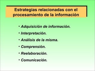 Estrategias relacionadas con el
procesamiento de la información
Estrategias relacionadas con el
procesamiento de la información
• Adquisición de información.
• Interpretación.
• Análisis de la misma.
• Comprensión.
• Reelaboración.
• Comunicación.
 