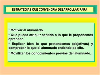 • Motivar al alumnado.
• Que pueda atribuir sentido a lo que le proponemos
aprender.
• Explicar bien lo que pretendemos (objetivos) y
comprobar lo que el alumnado entiende de ello.
• Movilizar los conocimientos previos del alumnado.
• Motivar al alumnado.
• Que pueda atribuir sentido a lo que le proponemos
aprender.
• Explicar bien lo que pretendemos (objetivos) y
comprobar lo que el alumnado entiende de ello.
• Movilizar los conocimientos previos del alumnado.
ESTRATEGIAS QUE CONVENDRÍA DESARROLLAR PARAESTRATEGIAS QUE CONVENDRÍA DESARROLLAR PARA
 