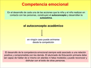 En el desarrollo de cada una de las acciones que la niña y el niño realizan en
contacto con las personas, construyen el autoconcepto y desarrollan la
autoestima.
El desarrollo de la competencia emocional siempre está asociado a una relación
positiva y comprometida con los demás. El alumnado de Educación primaria debe
ser capaz de hablar de sí mismo sin alardes ni falsa modestia y puede reconocer y
disfrutar con el éxito de otras personas.
Competencia emocional
el autoconcepto académico
en ningún caso puede animarse
desde la competición
 