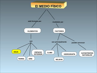 El MEDIO FÍSICOEl MEDIO FÍSICO
AGUA
AIRETIERRA
ESPACIO
EXTERIOR
son
ELEMENTOS
está formado por
HIDROGRAFÍA
CLIMA
RELIEVE
FACTORES
modelado por
son principalmente
CATÁSTROFES
NATURALES
pueden provocar
 