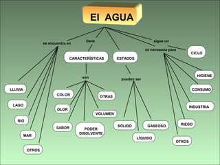 ElEl AGUA
RIO
LLUVIA
COLOR
SABOR
OTRAS
LAGO
VOLUMEN
OLOR
PODER
DISOLVENTE
MAR
OTROS
se encuentra en
son
CARACTERÍSTICAS
tiene
RIEGO
CONSUMO
INDUSTRIA
OTROS
sigue un
CICLO
ESTADOS
pueden ser
GASEOSOSÓLIDO
LÍQUIDO
HIGIENE
es necesaria para
 