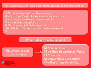6. Desenvolvemento das competencias básicas. Exemplificacións (1)  O funcionamento do centro e as súas aulas. A participación do alumnado na acción educativa.  As normas de réxime interno adoptadas. As metodoloxías aplicadas. Os recursos didácticos empregados. A biblioteca do centro – o seu uso e organización-. … Poden influír máis ou menos En competencias asociadas a Comunicación. Análise do contorno físico. Creación. Convivencia e cidadanía. Alfabetización dixital. 