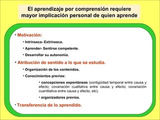 Motivación: Intrínseca- Extrínseca. Aprender- Sentirse competente. Desarrollar su autonomía. Atribución de sentido a lo que se estudia. Organización de los contenidos. Conocimientos previos: concepciones espontáneas  (contigüidad temporal entre causa y efecto; covariación cualitativa entre causa y efecto; covariación cuantitativa entre causa y efecto, etc). organizadores previos. Transferencia de lo aprendido. El aprendizaje por comprensión requiere mayor implicación personal de quien aprende 