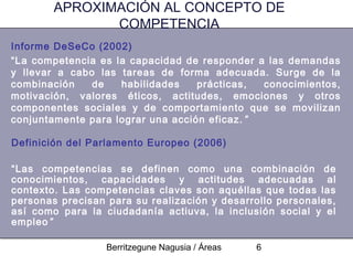 APROXIMACIÓN AL CONCEPTO DE
               COMPETENCIA
Informe DeSeCo (2002)
“La competencia es la capacidad de responder a las demandas
y llevar a cabo las tareas de forma adecuada. Surge de la
combinación    de   habilidades    prácticas,  conocimientos,
motivación, valores éticos, actitudes, emociones y otros
componentes sociales y de comportamiento que se movilizan
conjuntamente para lograr una acción eficaz. ”

Definición del Parlamento Europeo (2006)

“Las competencias se definen como una combinación de
conocimientos, capacidades y actitudes adecuadas al
contexto. Las competencias claves son aquéllas que todas las
personas precisan para su realización y desarrollo personales,
así como para la ciudadanía actiuva, la inclusión social y el
empleo ”

                  Berritzegune Nagusia / Áreas   6
 