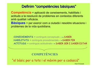 DefinimDefinim ““competcompetèències bncies bààsiquessiques””
CONEIXEMENTS = continguts conceptuals SABER
HABILITATS = continguts procedimentals SABER FER
ACTITUDS = continguts actitudinals SABER SER I SABER ESTAR
COMPETÈNCIES
Competència = aplicació de coneixements, habilitats i
actituds a la resolució de problemes en contextos diferents
amb qualitat i eficàcia.
Bàsiques = per exercir com a ciutadà i resoldre situacions i
problemes de la vida quotidiana.
“el bàsic per a tots i el màxim per a cadascú”
Font: R.Canals
 