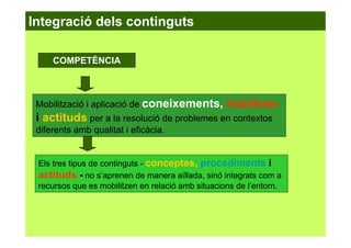 COMPETÈNCIA
Mobilització i aplicació de coneixements, habilitats
i actituds per a la resolució de problemes en contextos
diferents amb qualitat i eficàcia.
Els tres tipus de continguts - conceptes, procediments i
actituds - no s’aprenen de manera aïllada, sinó integrats com a
recursos que es mobilitzen en relació amb situacions de l’entorn.
Integració dels continguts
 