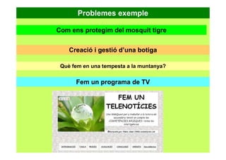 Problemes exemple
Com ens protegim del mosquit tigre
Creació i gestió d’una botiga
Què fem en una tempesta a la muntanya?
Fem un programa de TV
 