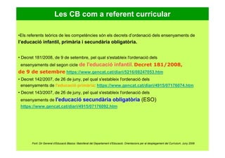 Les CB com a referent curricular
•Els referents teòrics de les competències són els decrets d’ordenació dels ensenyaments de
l’educació infantil, primària i secundària obligatòria.
• Decret 181/2008, de 9 de setembre, pel qual s'estableix l'ordenació dels
ensenyaments del segon cicle de l'educació infantil. Decret 181/2008,
de 9 de setembre https://www.gencat.cat/diari/5216/08247053.htm
• Decret 142/2007, de 26 de juny, pel qual s'estableix l'ordenació dels
ensenyaments de l'educació primària: https://www.gencat.cat/diari/4915/07176074.htm
• Decret 143/2007, de 26 de juny, pel qual s'estableix l'ordenació dels
ensenyaments de l'educació secundària obligatòria (ESO)
https://www.gencat.cat/diari/4915/07176092.htm
Font: Dir General d’Educació Bàsica i Batxillerat del Departament d’Educació. Orientacions per al desplegament del Curríulum. Juny 2009
 