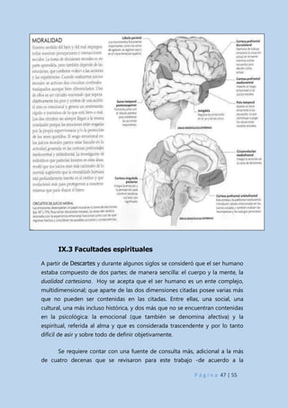 P á g i n a 47 | 55
IX.3 Facultades espirituales
A partir de Descartes y durante algunos siglos se consideró que el ser humano
estaba compuesto de dos partes; de manera sencilla: el cuerpo y la mente, la
dualidad cartesiana. Hoy se acepta que el ser humano es un ente complejo,
multidimensional; que aparte de las dos dimensiones citadas posee varias más
que no pueden ser contenidas en las citadas. Entre ellas, una social, una
cultural, una más incluso histórica, y dos más que no se encuentran contenidas
en la psicológica: la emocional (que también se denomina afectiva) y la
espiritual, referida al alma y que es considerada trascendente y por lo tanto
difícil de asir y sobre todo de definir objetivamente.
Se requiere contar con una fuente de consulta más, adicional a la más
de cuatro decenas que se revisaron para este trabajo -de acuerdo a la
 