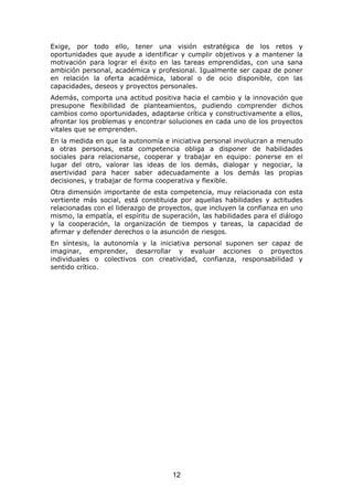 Exige, por todo ello, tener una visión estratégica de los retos y
oportunidades que ayude a identificar y cumplir objetivos y a mantener la
motivación para lograr el éxito en las tareas emprendidas, con una sana
ambición personal, académica y profesional. Igualmente ser capaz de poner
en relación la oferta académica, laboral o de ocio disponible, con las
capacidades, deseos y proyectos personales.
Además, comporta una actitud positiva hacia el cambio y la innovación que
presupone flexibilidad de planteamientos, pudiendo comprender dichos
cambios como oportunidades, adaptarse crítica y constructivamente a ellos,
afrontar los problemas y encontrar soluciones en cada uno de los proyectos
vitales que se emprenden.
En la medida en que la autonomía e iniciativa personal involucran a menudo
a otras personas, esta competencia obliga a disponer de habilidades
sociales para relacionarse, cooperar y trabajar en equipo: ponerse en el
lugar del otro, valorar las ideas de los demás, dialogar y negociar, la
asertividad para hacer saber adecuadamente a los demás las propias
decisiones, y trabajar de forma cooperativa y flexible.
Otra dimensión importante de esta competencia, muy relacionada con esta
vertiente más social, está constituida por aquellas habilidades y actitudes
relacionadas con el liderazgo de proyectos, que incluyen la confianza en uno
mismo, la empatía, el espíritu de superación, las habilidades para el diálogo
y la cooperación, la organización de tiempos y tareas, la capacidad de
afirmar y defender derechos o la asunción de riesgos.
En síntesis, la autonomía y la iniciativa personal suponen ser capaz de
imaginar, emprender, desarrollar y evaluar acciones o proyectos
individuales o colectivos con creatividad, confianza, responsabilidad y
sentido crítico.




                                     12
 