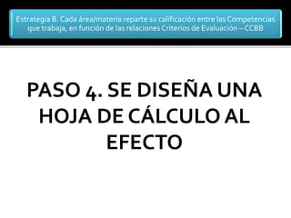 Estrategia B. Cada área/materia reparte su calificación entre las Competencias
que trabaja, en función de las relaciones Criterios de Evaluación – CCBB
PASO 4. SE DISEÑA UNA
HOJA DE CÁLCULO AL
EFECTO
 