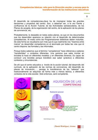 Competencias básicas: reto para la Dirección escolar y excusa para la
                            transformación de las instituciones educativas


                                                                                                  8
El desarrollo de competencias-clave ha de impregnar todas las grandes
decisiones y proyectos del centro. Son, o deberían ser, a la vez fuente y
confluencia de la Acción Tutorial, de las Actividades extraescolares, de los
Planes de acogida, de la organización del centro, de la aplicación de los planes
de convivencia, etc.

Probablemente, lo deseable en todos estos planes, es que en los documentos
que los desarrollan aparezca su relación con el desarrollo de determinadas
competencias. Al modo como las Programaciones didácticas deben incluirlas.
De esta forma se visualizaría aún más que lo que realmente nos “traemos entre
manos” es desarrollar competencia en el alumnado por todas las vías que el
centro dispone: las formales y las informales.

Porque todos sabemos que el término “competencia” hace referencia a saberes
“transferibles” a contextos diferentes. Una persona que sabe montar en
bicicleta lo hace en diferentes modelos y en diferentes terrenos. Es capaz de
conducir una bicicleta porque transfiere ese saber (práctico) a diferentes
contextos y circunstancias.

De ahí que el centro educativo a través de la acción tutorial, del desarrollo del
currículo, de la aplicación de las normas de convivencia, del desarrollo de
planes de innovación,…, persiga la transferencia de los “saberes” que
tradicionalmente se adquirían de forma más o menos teórica, a diferentes
contextos de la vida escolar. Solo entonces, seré competente.


                                                       AQUISICIÓN DE LAS
                                                                    COMPETENCIAS

                                                Realización personal




                                                      CAMBIOS


                                                                Incorporación satisfactoria
                             Ejercicio de la
                                                                    a la vida adulta y al
                               Ciudadanía
                                                                 desarrollo del aprendizaje
                              responsable
                                                                    a lo largo de la vida




                                   Daniel Rodríguez Arenas                                    6




                                                         | Daniel Rodríguez Arenas
 