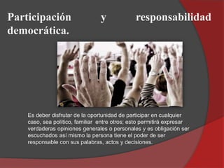 Participación y responsabilidad
democrática.
Es deber disfrutar de la oportunidad de participar en cualquier
caso, sea pol...