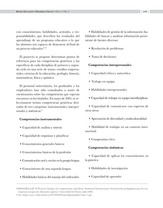 Revista Educación y Desarrollo Social • Vol. 1 • No. 1 145
con conocimientos, habilidades, actitudes, y res-
ponsabilidades, que describen los resultados del
aprendizaje de un programa educativo o lo que
los alumnos son capaces de demostrar al final de
un proceso educativo”.8
El proyecto se propone determinar puntos de
referencia para las competencias genéricas y las
específicas de cada disciplina de primero y segun-
do ciclo en una serie de temas: estudios empresa-
riales, ciencias de la educación, geología, historia,
matemáticas, física y química.
El personal universitario, los graduados y los
empleadores han sido consultados a través de
cuestionarios sobre las competencias que esperan
encontrar en los titulados. En mayo de 2001, se se-
leccionaron treinta competencias genéricas deri-
vadas de tres categorías: instrumentales, interper-
sonales y sistémicas.9
Competencias instrumentales
• Capacidad de análisis y síntesis
• Capacidad de organizar y planificar
• Conocimientos generales básicos
• Conocimientos básicos de la profesión
• Comunicación oral y escrita en la propia lengua
• Conocimiento de una segunda lengua
• Habilidades básicas del manejo del ordenador
• Habilidades de gestión de la información (ha-
bilidades de buscar y analizar información prove-
niente de fuentes diversas)
• Resolución de problemas
• Toma de decisiones
Competencias interpersonales
• Capacidad crítica y autocrítica
• Trabajo en equipo
• Habilidades interpersonales
• Capacidad de trabajar en equipo interdisciplinar
• Capacidad de comunicarse con expertos de
otras áreas
• Apreciación de diversidad y multiculturalidad
• Habilidad de trabajar en un contexto inter-
nacional
• Compromiso ético
Competencias sistémicas
• Capacidad de aplicar los conocimientos en
la práctica
• Habilidades de investigación
• Capacidad de aprender
8 BEZANILLA,M. El Proyecto Tuning y las competencias específicas. Seminario Internacional. Orientaciones pedagógicas para la con-
vergencia europea de educación superior. Universidad de Deusto, Julio 2003.
9 Ver: http:// www. relint.deusto.es/TUNINGProject/Spanish/line1-fase 1.asp.
 