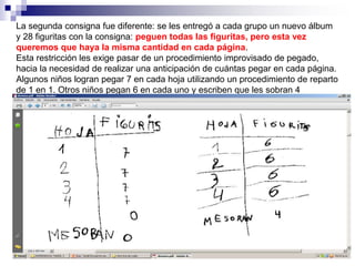 La segunda consigna fue diferente: se les entregó a cada grupo un nuevo álbum
y 28 figuritas con la consigna: peguen todas las figuritas, pero esta vez
queremos que haya la misma cantidad en cada página.
Esta restricción les exige pasar de un procedimiento improvisado de pegado,
hacia la necesidad de realizar una anticipación de cuántas pegar en cada página.
Algunos niños logran pegar 7 en cada hoja utilizando un procedimiento de reparto
de 1 en 1. Otros niños pegan 6 en cada uno y escriben que les sobran 4
 