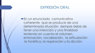EXPRESIÓN ORAL
En un enunciado comunicativo
coherente que se produce de una
determinada situación siempre debe de
tener una intención y una finalidad
teniendo en cuenta el volumen,
entonación, vocalización, la articulación
,la fonética, la respiración y la dicción
 