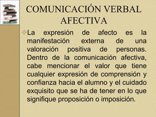 COMUNICACIÓN VERBAL
AFECTIVA
La expresión de afecto es la
manifestación
externa
de
una
valoración positiva de personas.
Dentro de la comunicación afectiva,
cabe mencionar el valor que tiene
cualquier expresión de comprensión y
confianza hacia el alumno y el cuidado
exquisito que se ha de tener en lo que
signifique proposición o imposición.

 