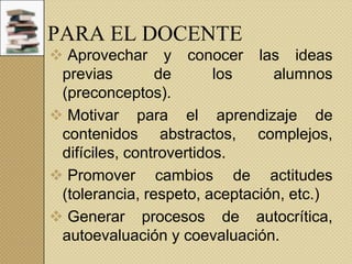 PARA EL DOCENTE
 Aprovechar y conocer las ideas
previas
de
los
alumnos
(preconceptos).
 Motivar para el aprendizaje de
contenidos abstractos, complejos,
difíciles, controvertidos.
 Promover cambios de actitudes
(tolerancia, respeto, aceptación, etc.)
 Generar procesos de autocrítica,
autoevaluación y coevaluación.

 