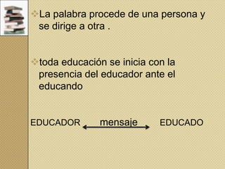 La palabra procede de una persona y
se dirige a otra .
toda educación se inicia con la
presencia del educador ante el
educando

EDUCADOR

mensaje

EDUCADO

 
