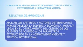 APLICAR LOS CRITERIOS Y FACTORES DETERMINANTES
PARA ESTABLECER LA SOLVENCIA ECONÓMICA, MORAL Y
LEGAL EN EL OTORGAMIENTO DEL CRÉDITO DE LOS
CLIENTES DE ACUERDO A LOS PARÁMETROS
ESTABLECIDOS EN LA NORMATIVIDAD VIGENTE Y
POLÍTICA INSTITUCIONAL.
3. ANALIZAR EL RIESGO CREDITICIO DE ACUERDO CON LAS POLÍTICAS
INSTITUCIONALES Y NORMATIVIDAD VIGENTE.
RESULTADO DE APRENDIZAJE
 