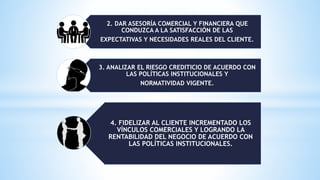 2. DAR ASESORÍA COMERCIAL Y FINANCIERA QUE
CONDUZCA A LA SATISFACCIÓN DE LAS
EXPECTATIVAS Y NECESIDADES REALES DEL CLIENTE.
3. ANALIZAR EL RIESGO CREDITICIO DE ACUERDO CON
LAS POLÍTICAS INSTITUCIONALES Y
NORMATIVIDAD VIGENTE.
4. FIDELIZAR AL CLIENTE INCREMENTADO LOS
VÍNCULOS COMERCIALES Y LOGRANDO LA
RENTABILIDAD DEL NEGOCIO DE ACUERDO CON
LAS POLÍTICAS INSTITUCIONALES.
 