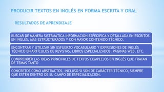 BUSCAR DE MANERA SISTEMÁTICA INFORMACIÓN ESPECÍFICA Y DETALLADA EN ESCRITOS
EN INGLÉS, MAS ESTRUCTURADOS Y CON MAYOR CONTENIDO TÉCNICO.
ENCONTRAR Y UTILIZAR SIN ESFUERZO VOCABULARIO Y EXPRESIONES DE INGLÉS
TÉCNICO EN ARTÍCULOS DE REVISTAS, LIBROS ESPECIALIZADOS, PÁGINAS WEB, ETC.
COMPRENDER LAS IDEAS PRINCIPALES DE TEXTOS COMPLEJOS EN INGLÉS QUE TRATAN
DE TEMAS TANTO
CONCRETOS COMO ABSTRACTOS, INCLUSO SI SON DE CARÁCTER TÉCNICO, SIEMPRE
QUE ESTÉN DENTRO DE SU CAMPO DE ESPECIALIZACIÓN.
PRODUCIR TEXTOS EN INGLÉS EN FORMA ESCRITA Y ORAL.
RESULTADOS DE APRENDIZAJE
 