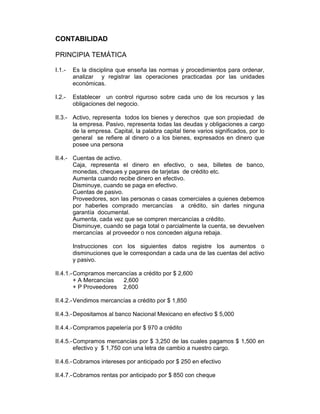 CONTABILIDAD

PRINCIPIA TEMÁTICA

I.1.-   Es la disciplina que enseña las normas y procedimientos para ordenar,
        analizar y registrar las operaciones practicadas por las unidades
        económicas.

I.2.-   Establecer un control riguroso sobre cada uno de los recursos y las
        obligaciones del negocio.

II.3.- Activo, representa todos los bienes y derechos que son propiedad de
       la empresa. Pasivo, representa todas las deudas y obligaciones a cargo
       de la empresa. Capital, la palabra capital tiene varios significados, por lo
       general se refiere al dinero o a los bienes, expresados en dinero que
       posee una persona

II.4.- Cuentas de activo.
       Caja, representa el dinero en efectivo, o sea, billetes de banco,
       monedas, cheques y pagares de tarjetas de crédito etc.
       Aumenta cuando recibe dinero en efectivo.
       Disminuye, cuando se paga en efectivo.
       Cuentas de pasivo.
       Proveedores, son las personas o casas comerciales a quienes debemos
       por haberles comprado mercancías a crédito, sin darles ninguna
       garantía documental.
       Aumenta, cada vez que se compren mercancías a crédito.
       Disminuye, cuando se paga total o parcialmente la cuenta, se devuelven
       mercancías al proveedor o nos conceden alguna rebaja.

        Instrucciones con los siguientes datos registre los aumentos o
        disminuciones que le correspondan a cada una de las cuentas del activo
        y pasivo.

II.4.1.- Compramos mercancías a crédito por $ 2,600
         + A Mercancías  2,600
         + P Proveedores 2,600

II.4.2.- Vendimos mercancías a crédito por $ 1,850

II.4.3.- Depositamos al banco Nacional Mexicano en efectivo $ 5,000

II.4.4.- Compramos papelería por $ 970 a crédito

II.4.5.- Compramos mercancías por $ 3,250 de las cuales pagamos $ 1,500 en
         efectivo y $ 1,750 con una letra de cambio a nuestro cargo.

II.4.6.- Cobramos intereses por anticipado por $ 250 en efectivo

II.4.7.- Cobramos rentas por anticipado por $ 850 con cheque
 