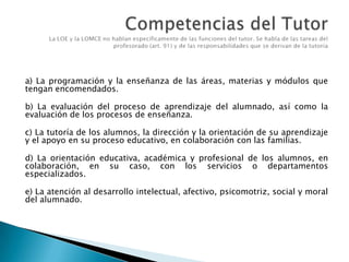 a) La programación y la enseñanza de las áreas, materias y módulos que
tengan encomendados.
b) La evaluación del proceso de aprendizaje del alumnado, así como la
evaluación de los procesos de enseñanza.
c) La tutoría de los alumnos, la dirección y la orientación de su aprendizaje
y el apoyo en su proceso educativo, en colaboración con las familias.
d) La orientación educativa, académica y profesional de los alumnos, en
colaboración, en su caso, con los servicios o departamentos
especializados.
e) La atención al desarrollo intelectual, afectivo, psicomotriz, social y moral
del alumnado.

 