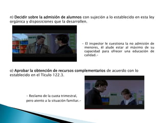 n) Decidir sobre la admisión de alumnos con sujeción a lo establecido en esta ley
orgánica y disposiciones que la desarrollen.

n

- El inspector le cuestiona la no admisión de
menores, él alude estar al máximo de su
capacidad para ofrecer una educación de
calidad.-

o) Aprobar la obtención de recursos complementarios de acuerdo con lo
establecido en el Tículo 122.3.

- Reclamo de la cuota trimestral,
pero atento a la situación familiar.-

 