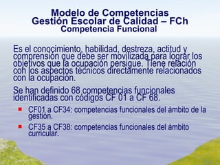 Modelo de Competencias Gestión Escolar de Calidad – FCh Competencia Funcional  Es el conocimiento, habilidad, destreza, actitud y comprensión que debe ser movilizada para lograr los objetivos que la ocupación persigue. Tiene relación con los aspectos técnicos directamente relacionados con la ocupación. Se han definido 68 competencias funcionales identificadas con códigos CF 01 a CF 68. CF01 a CF34: competencias funcionales del ámbito de la gestión. CF35 a CF38: competencias funcionales del ámbito curricular. 