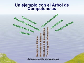 Un ejemplo con el Árbol de Competencias Administración de Negocios Manejo del Idioma Matemáticas Básicas Resolución de problemas Tecnología de Información Trabajo de Oficina Gestionar Personas Contabilidad Búsqueda de Información Leyes Comerciales Liderazgo Comunicación 