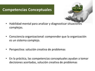 Competencias Conceptuales
• Habilidad mental para analizar y diagnosticar situaciones
complejas.
• Consciencia organizacional: comprender que la organización
es un sistema complejo.
• Perspectiva: solución creativa de problemas
• En la práctica, las competencias conceptuales ayudan a tomar
decisiones acertadas, solución creativa de problemas

 