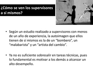 ¿Cómo se ven los supervisores
a sí mismos?

• Según un estudio realizado a supervisores con menos
de un año de experiencia, la autoimagen que ellos
tienen de sí mismos es la de un “bombero”, un
“malabarista” y un “artista del cambio”.
• Ya no es suficiente sobresalir en tareas técnicas, pues
lo fundamental es motivar a los demás a alcanzar un
alto desempeño.

 