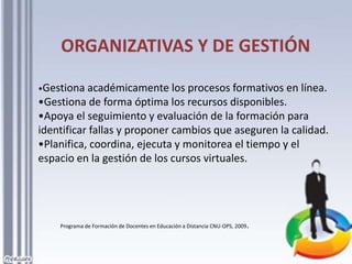 ORGANIZATIVAS Y DE GESTIÓN
•Gestiona académicamente los procesos formativos en línea.
•Gestiona de forma óptima los recursos disponibles.
•Apoya el seguimiento y evaluación de la formación para
identificar fallas y proponer cambios que aseguren la calidad.
•Planifica, coordina, ejecuta y monitorea el tiempo y el
espacio en la gestión de los cursos virtuales.
Programa de Formación de Docentes en Educación a Distancia CNU-OPS, 2009.
 