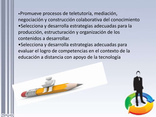•Promueve procesos de teletutoría, mediación,
negociación y construcción colaborativa del conocimiento
•Selecciona y desarrolla estrategias adecuadas para la
producción, estructuración y organización de los
contenidos a desarrollar.
•Selecciona y desarrolla estrategias adecuadas para
evaluar el logro de competencias en el contexto de la
educación a distancia con apoyo de la tecnología
 