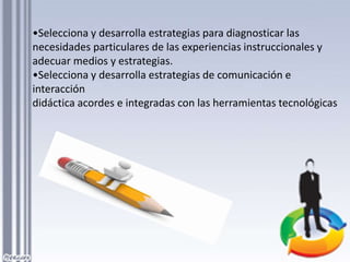 •Selecciona y desarrolla estrategias para diagnosticar las
necesidades particulares de las experiencias instruccionales y
adecuar medios y estrategias.
•Selecciona y desarrolla estrategias de comunicación e
interacción
didáctica acordes e integradas con las herramientas tecnológicas
 
