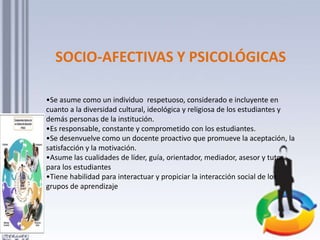 SOCIO-AFECTIVAS Y PSICOLÓGICAS
•Se asume como un individuo respetuoso, considerado e incluyente en
cuanto a la diversidad cultural, ideológica y religiosa de los estudiantes y
demás personas de la institución.
•Es responsable, constante y comprometido con los estudiantes.
•Se desenvuelve como un docente proactivo que promueve la aceptación, la
satisfacción y la motivación.
•Asume las cualidades de líder, guía, orientador, mediador, asesor y tutor
para los estudiantes
•Tiene habilidad para interactuar y propiciar la interacción social de los
grupos de aprendizaje
 