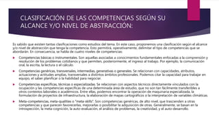 CLASIFICACIÓN DE LAS COMPETENCIAS SEGÚN SU
ALCANCE Y/O NIVEL DE ABSTRACCIÓN:
Es sabido que existen tantas clasificaciones como estudios del tema. En este caso, proponemos una clasificación según el alcance
y/o nivel de abstracción que tenga la competencia. Esto permitirá, operativamente, delimitar el tipo de competencias que se
abordarán. En consecuencia, se habla de cuatro niveles de competencias:
 Competencias básicas o instrumentales. Son aquellas asociadas a conocimientos fundamentales enfocadas a la comprensión y
resolución de los problemas cotidianos y que permiten, posteriormente, el ingreso al trabajo. Por ejemplo, la comunicación
oral, la escrita, la lectura o el cálculo.
 Competencias genéricas, transversales, intermedias, generativas o generales. Se relacionan con capacidades, atributos,
actuaciones y actitudes amplias, transversales a distintos ámbitos profesionales. Podemos citar la capacidad para trabajar en
equipo, el saber planificar o la habilidad para negociar.
 Competencias específicas, técnicas o especializadas. Se relacionan con aspectos técnicos directamente vinculados con la
ocupación y las competencias específicas de una determinada área de estudio, que no son tan fácilmente transferibles a
otros contextos laborales o académicos. Entre ellas, podemos encontrar la operación de maquinaria especializada, la
formulación de proyectos de infraestructura, la elaboración de mapas cartográficos o la interpretación de variables climáticas.
 Meta-competencias, meta-qualities o “meta-skills”. Son competencias genéricas, de alto nivel, que trascienden a otras
competencias y que parecen favorecerlas, mejorarlas o posibilitar la adquisición de otras. Generalmente, se basan en la
introspección, la meta-cognición, la auto-evaluación, el análisis de problemas, la creatividad, y el auto-desarrollo.
 