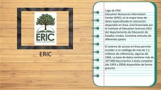 ERIC
Logo de ERIC
Education Resources Information
Center (ERIC), es la mayor base de
datos especializada en educación
disponible en línea. Está financiada por
el Institute of Education Sciences (IES)
del departamento de Educación de
Estados Unidos. Contiene artículos de
diferentes países.
El sistema de acceso en línea permite
acceder a un catálogo de más de 1,1
millones de referencias, algunas de
1966. La base de datos contiene más de
107.000 documentos a texto completo
(de 1993 a 2004) disponibles de forma
gratuita.
 