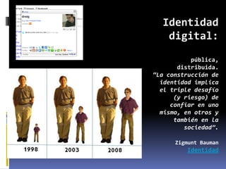 Identidad
   digital:
           pública,
       distribuida.
“La construcción de
  identidad implica
  el triple desafío
      (y riesgo) de
     confiar en uno
  mismo, en otros y
      también en la
         sociedad”.

      Zigmunt Bauman
         Identidad
 