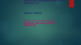 UNIVERSIDAD TANGAMANGA AXTLA DE
TERRAZAS S.L.P
TEMA:EL TURISMO
Alumna: Dalia González Morales
DOCENTE: ING.PAOLA REYES
RODRIGUEZ
 