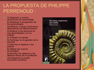 LA PROPUESTA DE PHILIPPE PERRENOUD :1) Organizar y animar situaciones de aprendizaje2) Gestionar la progresión de los aprendizajes3) Elaborar y hacer evolucionar dispositivos de diferenciación4) Implicar a los alumnos en sus aprendizajes y en su trabajo5) Trabajar en equipo6) Participar en la gestión de la escuela7) Informar e implicar a los padres8) Utilizar las nuevas tecnologías9) Afrontar los deberes y los dilemas éticos de la profesión10) Organizar la propia formación continua