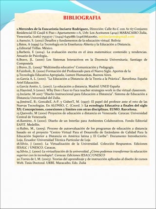 BIBLIOGRAFIA
1.Mercedes de la Euscaristia Inciarte Rodriguez, Dirección: Calle 82-C con Av 67 Conjunto
Residencial El Caujil 6 Piso 1 Apartamento 1-A, Urb: Los Aceitunos (4041) MARACAIBO Zulia,
Venezuela, (0261) 7533727 / (0414) 6450881 (0416)6620060. mirinciarte@gmail.com
2.Asencio, S. (2002) Desafíos y fundamentos de la educación virtual. Bolivia
3.Bates, A (1999) La Tecnología en la Enseñanza Abierta y la Educación a Distancia.
4.Editorial Trillas. México.
5.Barberà, E (2004). La evaluación escrita en el área matemática: contenido y tendencias.
Anuario de Psicología,.
6.Bravo, JL. (2000) Los Sistemas Interactivos en la Docencia Universitaria. Santiago de
Compostela
7.Bravo, JL. (2005) “Multimedia educativo” Comunicación y Pedagogía.
8.Fainholc, B, (2000) Formación del Profesorado para el Nuevo Siglo. Aportes de la
9.Tecnología Educativa Apropiada, Lumen Humanitas, Buenos Aires.
10.García A, L. (2001). “La Educación a Distancia: de la Teoría a la Práctica”. Barcelona: España
Ariel Educación.
11.García Aretio, L. (2007). La educación a distancia. Madrid: UNED España
12.Haavind, S (2000). Why Don t Face to Face teacher strategies work in the virtual classroom.
13.Inciarte, M 2007 “Diseño Instruccional para Educación a Distancia”. Sistema de Educación a
Distancia Universidad del Zulia.
14.JiméneZ, B.; GonzáleZ, A-P. y GisberT, M. (1997): El papel del profesor ante el reto de las
Nuevas Tecnologías. En ALONSO, C. (Coord. ): La ecnología Educativa a finales del siglo
XX: Concepciones, conexiones y límites con otras disciplinas. EUMO. Barcelona.
15.Quevedo, M (2000) Proyectos de educación a distancia en Venezuela. Caracas: Universidad
Central de Venezuela
16.Ramírez, A (2000). Diseño de un Interfaz para Ambientes Colaborativos. Fondo Editorial
EAFIT. Medellín.
17.Rubio, M., (2005). Proceso de autoevaluación de los programas de educación a distancia
basado en el proyecto “Centro Virtual Para el Desarrollo de Estándares de Calidad Para la
Educación Superior a Distancia en América latina y El Caribe”: Documento Introductorio.
Loja, Ecuador: Universidad Técnica Particular de Loja
18.Silvio, J (2000). La Virtualización de la Universidad. Colección Respuestos. Ediciones
IESALC / UNESCO. Caracas.
19.Silvio, J. (2000) La virtualización de la universidad. ¿Cómo podemos transformar la educación
superior con la tecnología?. Caracas: Ediciones IESALC/UNESCO
20.Torres de I, M. (2003). Teorías del aprendizaje y de instrucción aplicadas al diseño de cursos
Web. Tesis Doctoral. URBE. Maracaibo, Edo. Zulia
 